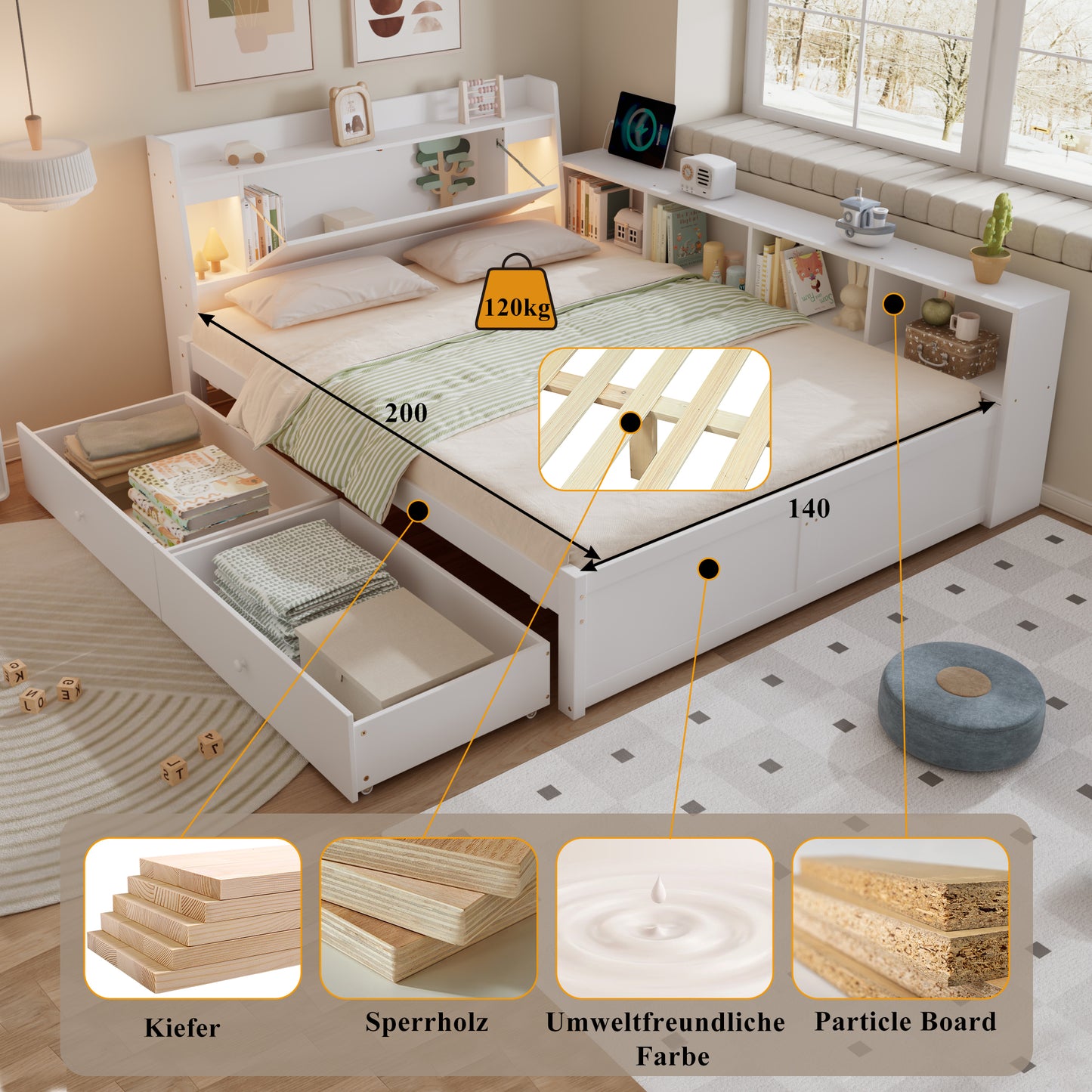 Double Bed, Panel Bed, Headboard With Storage Compartment  2 Lights, With Charging Socket, Side Storage Cupboards And Drawers, Pine Chipboard MDF, White, 140x200cm