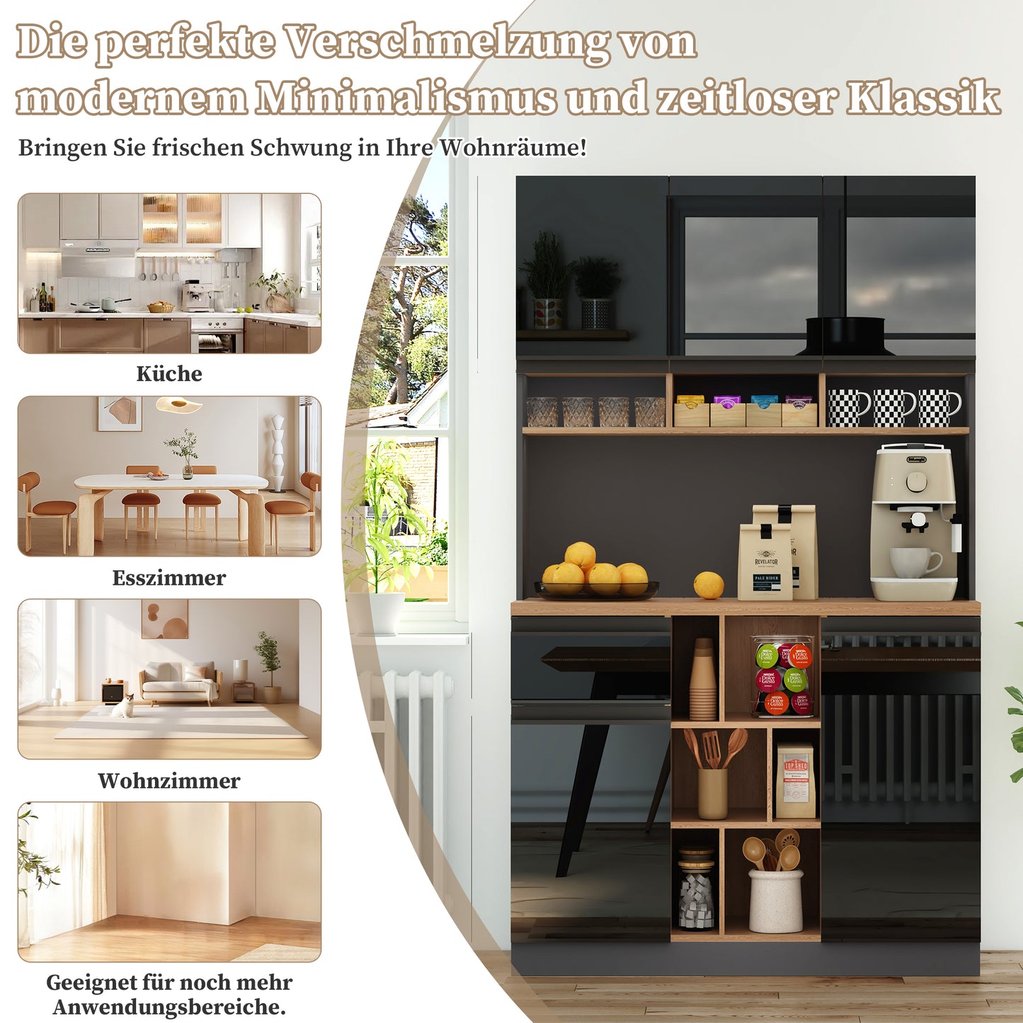 105x45x185cm, Modern Kitchen Cabinet, Buffet, Sideboard, Grey And Black, Metal Handles, Adjustable Shelves, Drawers, Open Storage, Anti-Tilt Accessories, Suitable For Kitchen, Living Room And Bedroom