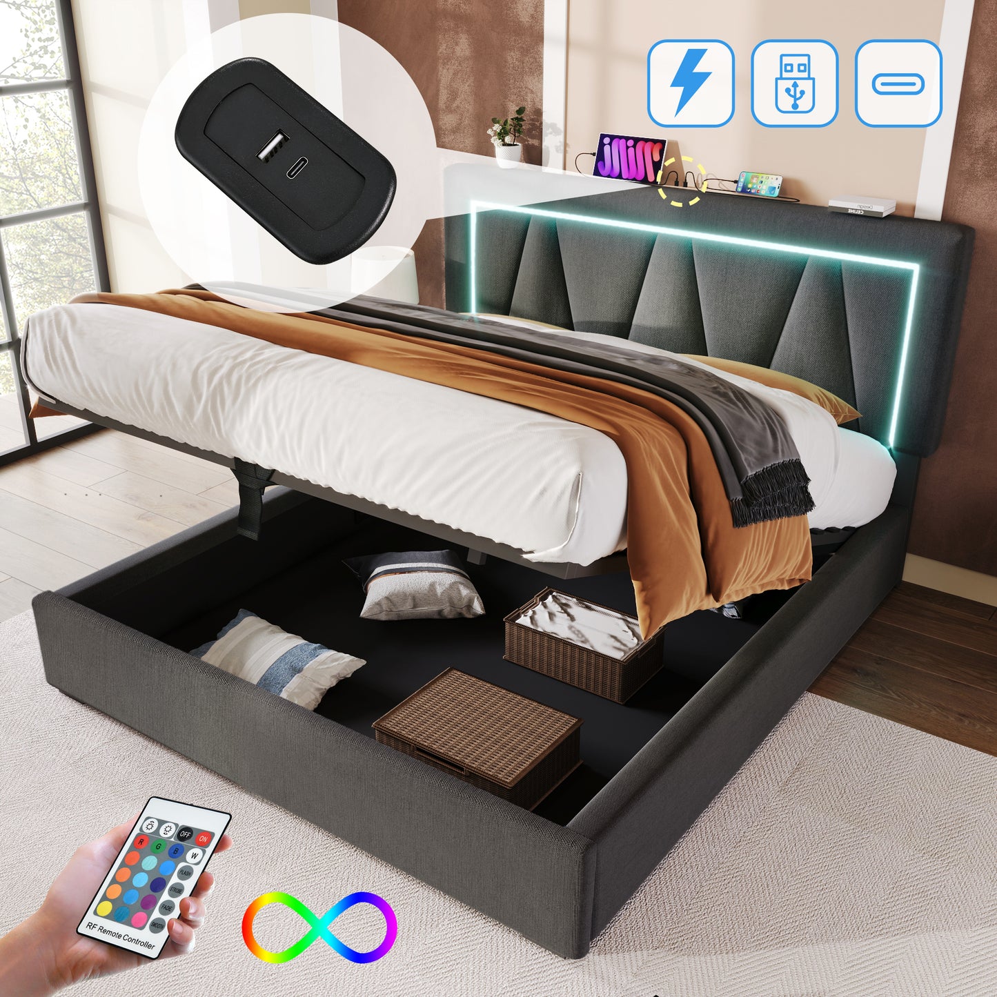 Upholstered Bed LED Double Bed With USB Type C Charging Function And LED Lighting,Storage Beds Bed Frame Made Of Linen Material Youth Bed 160x200 With Slatted Base Without Mattress