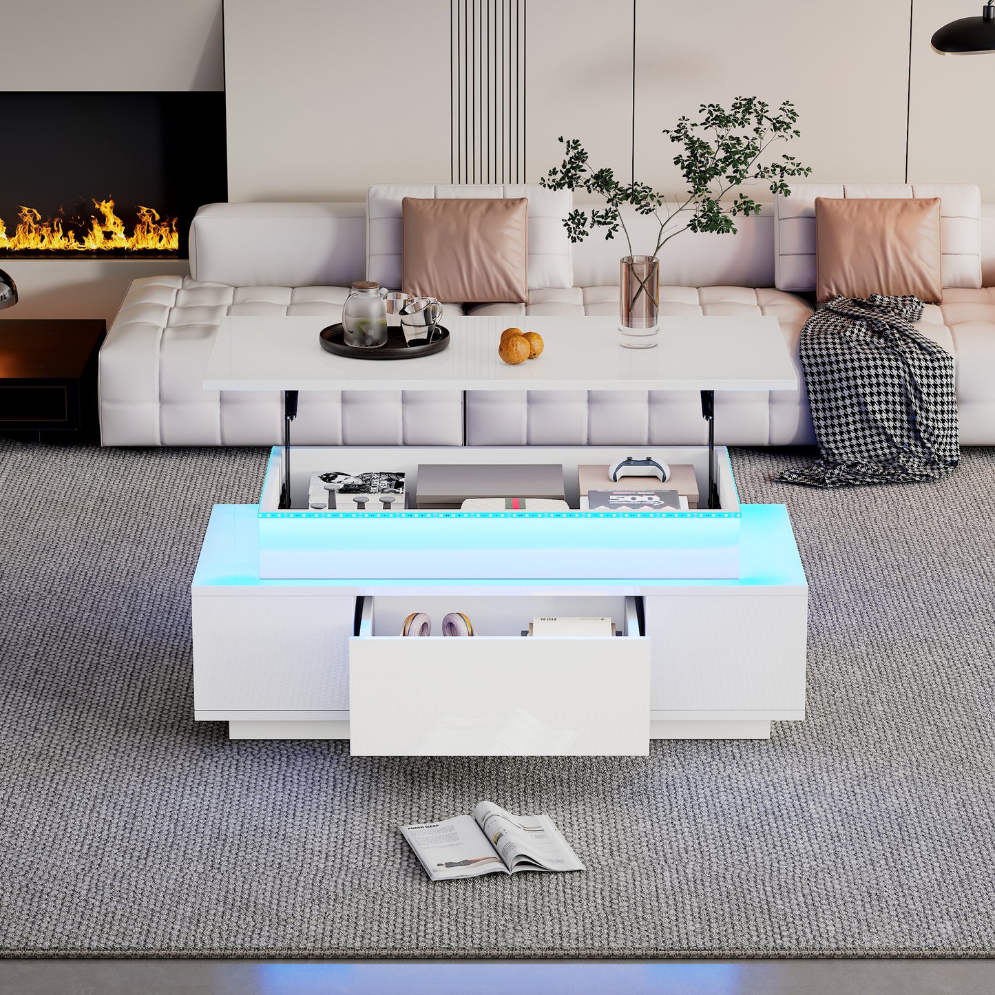 Height Adjustable Coffee Table With Hidden Storage And Drawer, 96x45x40cm High Gloss Living Room Table, LED Sofa Table, Suitable For Office, Study, Party, White