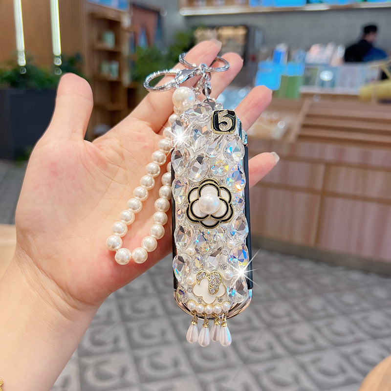 Crystal Glass Diamond Portable Makeup Mirror Comb Keychain