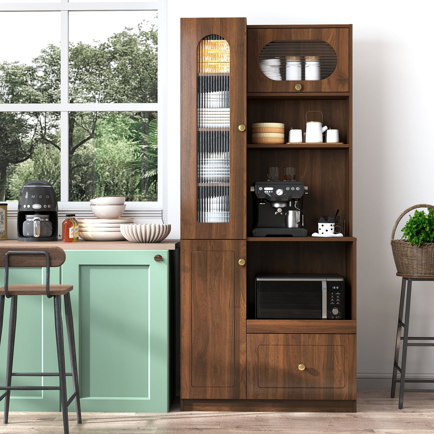 Kitchen Pantry Cabinet With Multi-functional Pull-out Multi-tier Storage Shelf,Farmhouse Storage Cabinet With 3Doors,Pantry Organizers For Kitchen,Dining Room
