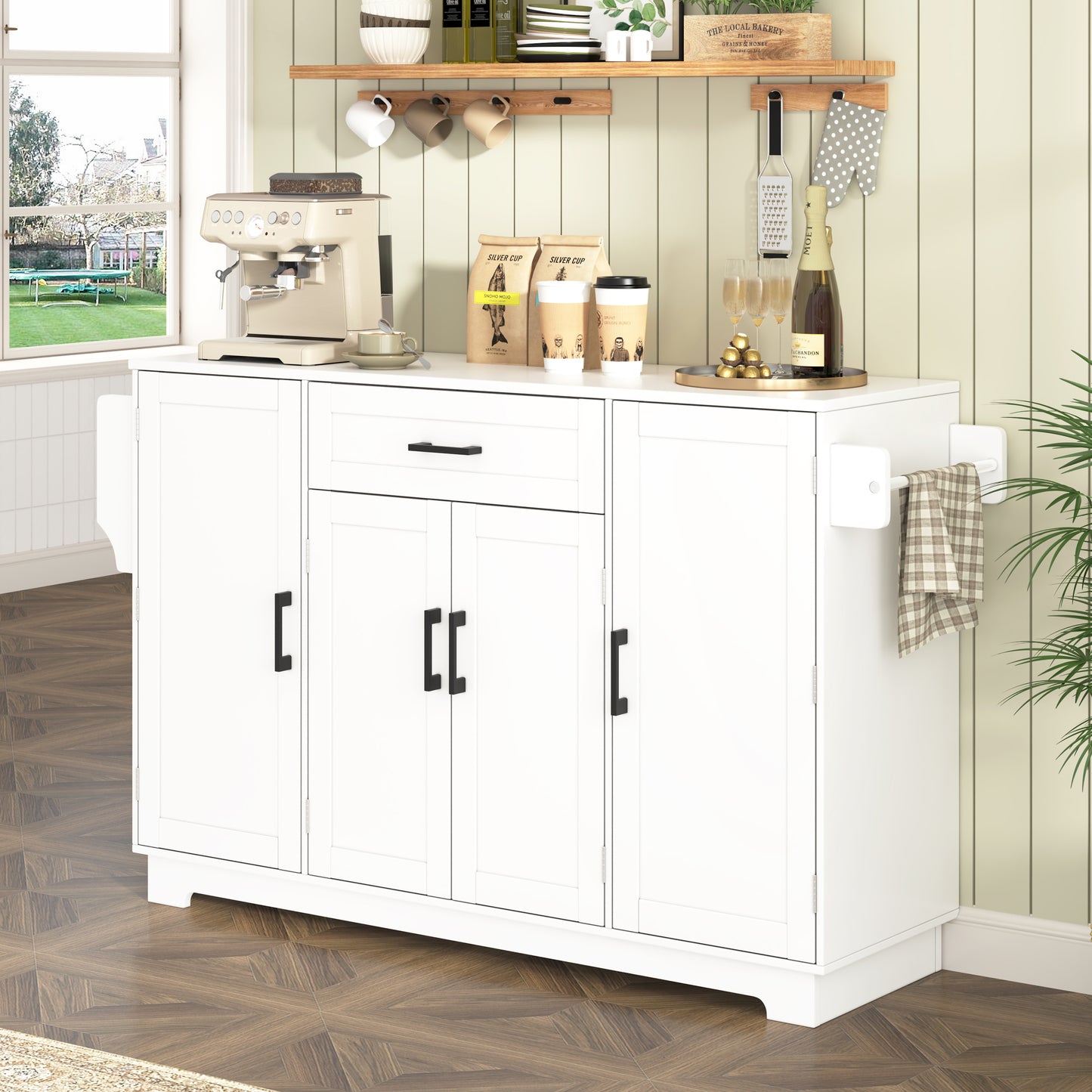 U-STYLE 54.3  Sideboard Buffet Cabinet With Storage  4 Doors & 1 Drawer  Melamine MDF Kitchen Storage With Adjustable Shelves  Aluminum Alloy Handles  Side Shelves & Hanging Rod For Dining Room