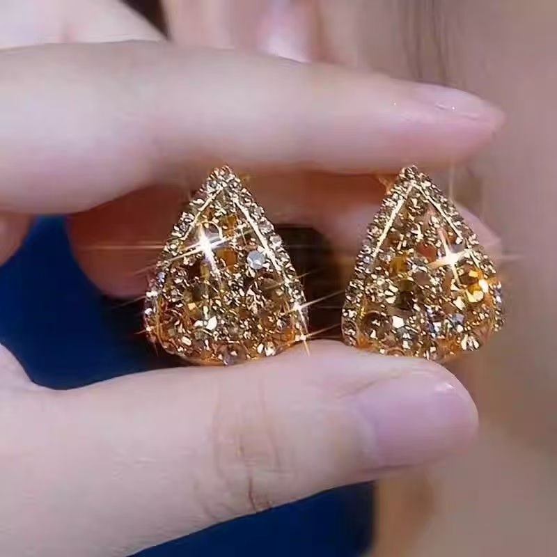 High-End Shiny Rhinestone Teardrop Earrings For Women, Elegant Niche Designer Fashion Exaggerated Delicate Dangle Ear Jewelry