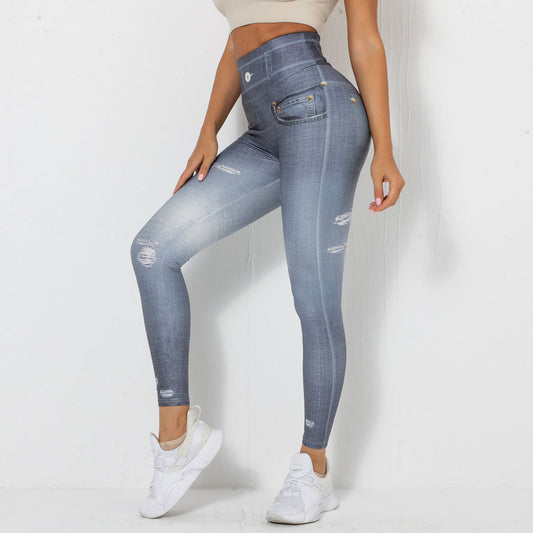 Digital Printing Denim Blue Tight High Elastic Quick-drying Yoga Pants