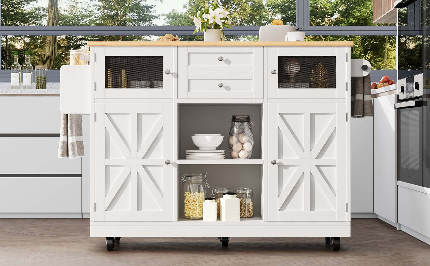 Kitchen Island, Dining Cart With Worktop, Buffet Cabinet, Wood-Grain Dining Cart, Side Towel Rail, Three-Dimensional Cabinet Doors With Casters, Adjustable Dividers, White