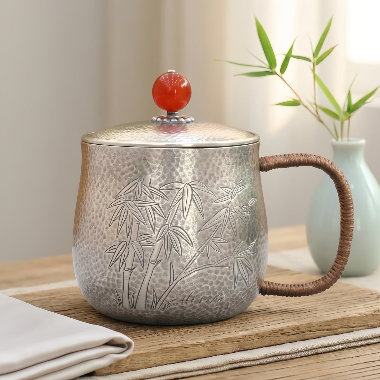 Pure 999 Fine Silver Handcrafted Silver Tea Mug with Hammered Texture, Bamboo Engraving, and Red Finial - Handicraft