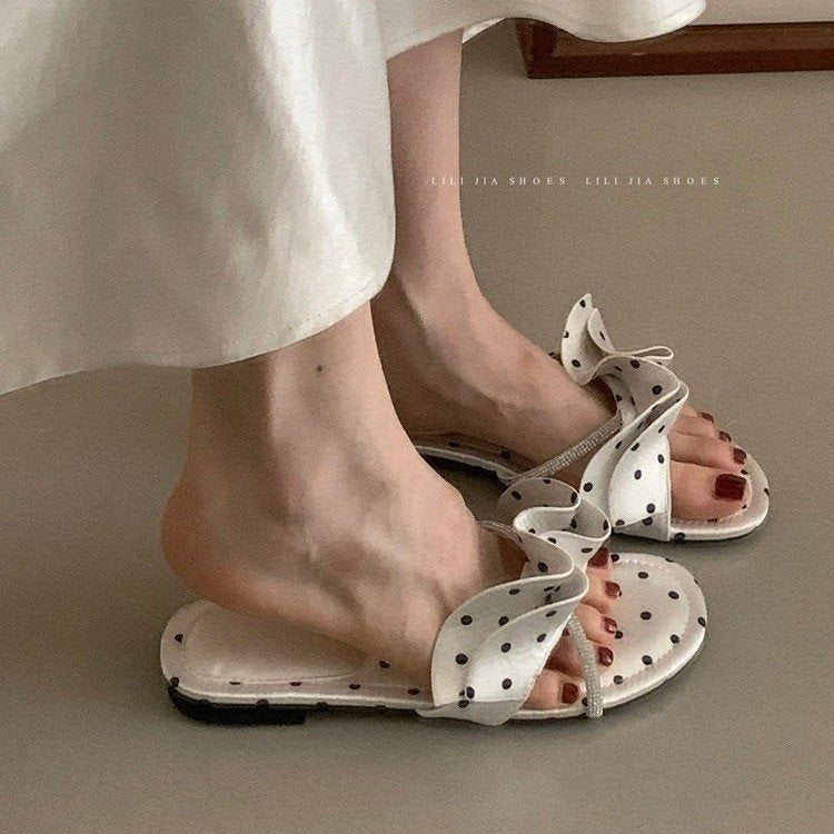 Wave Dot Straight Drag Women's Summer Outdoor Wear Flat Bottomed Rhinestone Thick Bottomed Beach Sandals Vacation Style
