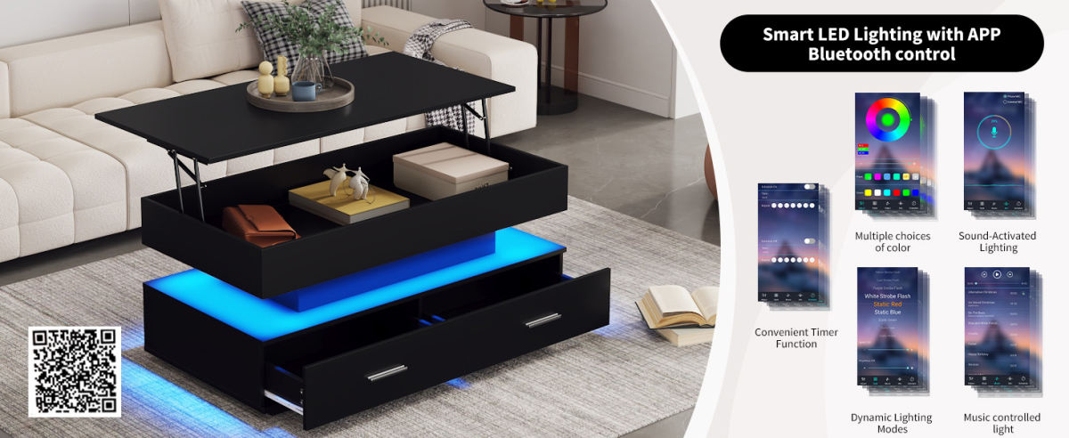 100X50X44cm Hydraulic Height Adjustable Coffee Table, With LED Lighting, Bluetooth APP Control, 2 Drawers And Open Storage,Black Liftable Coffee Table