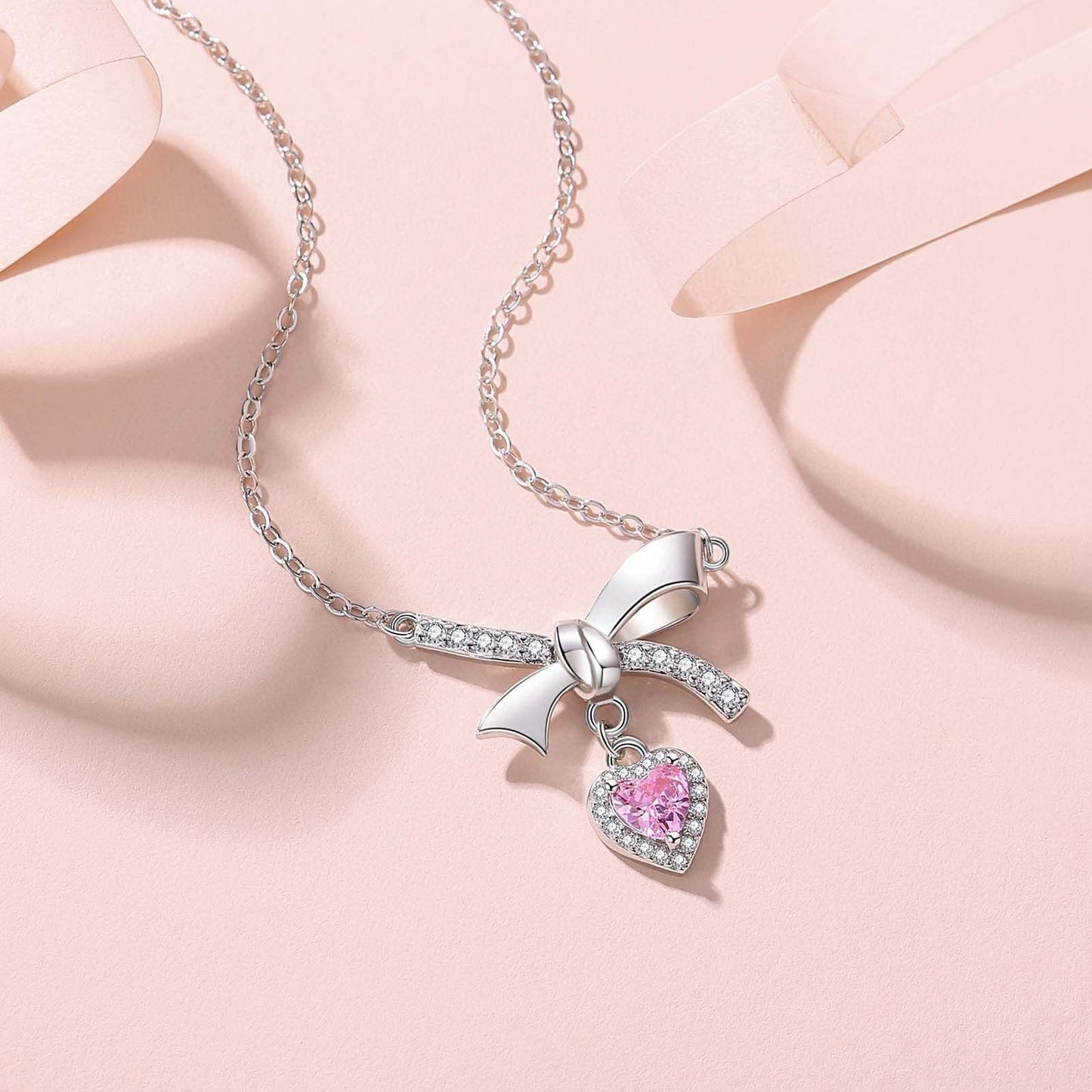 1pcs 999 Sterling Silver Bowknot & Pink Heart Necklace, Elegant Trendy Style, Ideal For Valentine's & Birthday Gifts