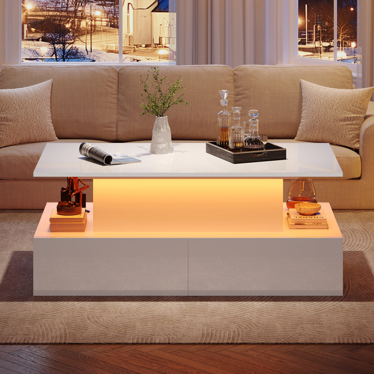 Modern White High Gloss Coffee Table With LED Lighting And 4 Drawers  Stylish 90x55x41 Cm Side Table With Storage, Loadable Up To 30 Kg