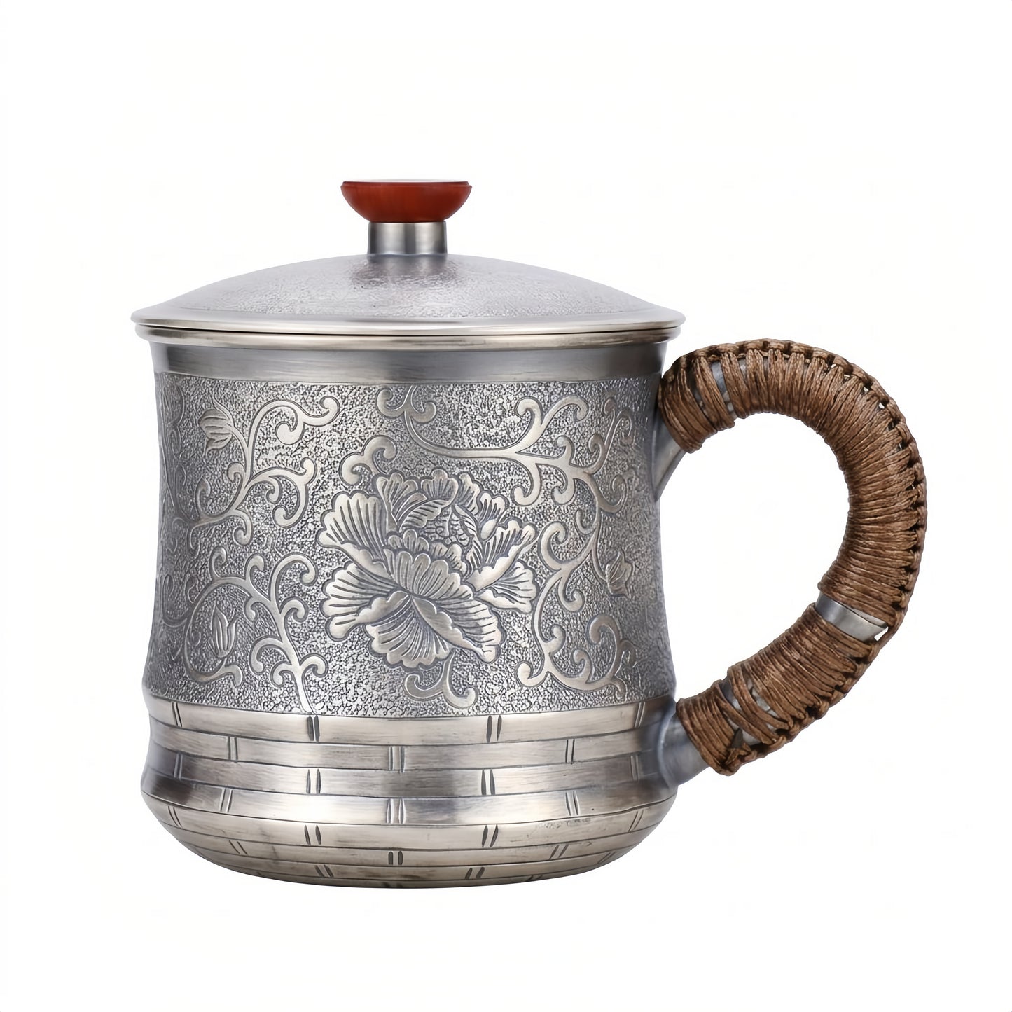 Pure 999 Fine Silver Elegant Metallic Tea Cup with Woven Handle and Floral Engraving-Premium Tea Mug - Handicraft