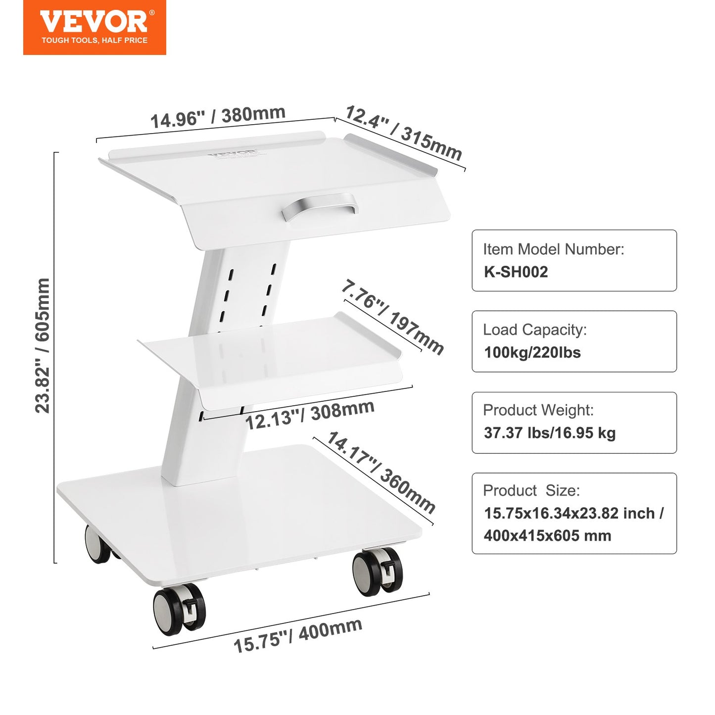 VEVOR Lab Trolley, 3-Layer Rolling Lab Cart, Metal Mobile Trolley With Swivel Wheels, Tray Rolling Clinic Cart 220 Lbs Weight Capacity, For Lab, Clinic, Beauty And Salon