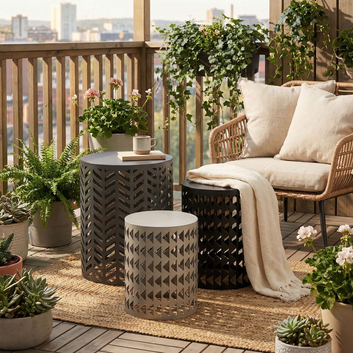 Multifunctional Nesting Round Metal Coffee End Tables Set Of 3 Modern Furniture Nightstands Decor Side Tables Plant Stand For Home Office Indoor Garden Outdoor Black And Gray