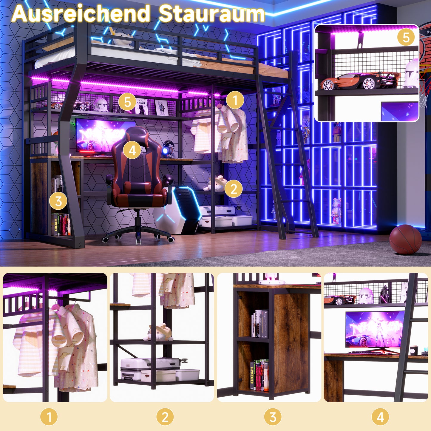 Loft Bed, 90 X 200 Cm, Iron Frame, With Light Strip, Socket, Clothes Hanging Area, Desk, Storage Compartments, Shelves, Open Space Under The Bed, Without Mattress, Black