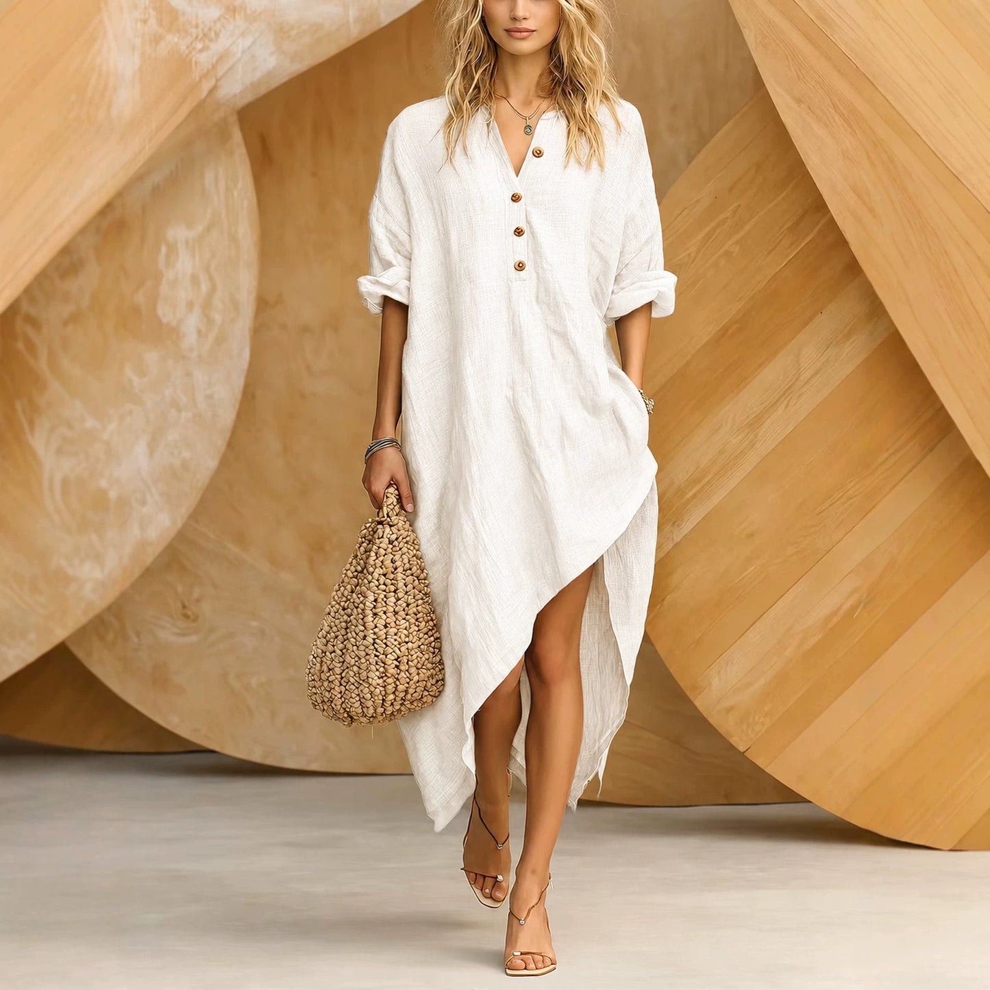 Womens Fashion Casual Buttoned Half-sleeve Asymmetrical-hem Midi Dress