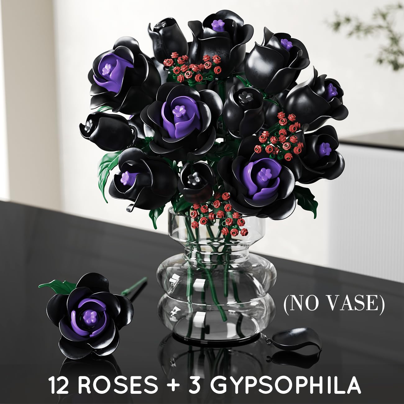 HOGOKIDS Flowers Bouquet Building Set - 15 Black Roses Botanical Building Blocks Artificial Flower Toy,Gothic Home Decors Easter Gift For Her Girlfriend Wife Adults Teens Kids