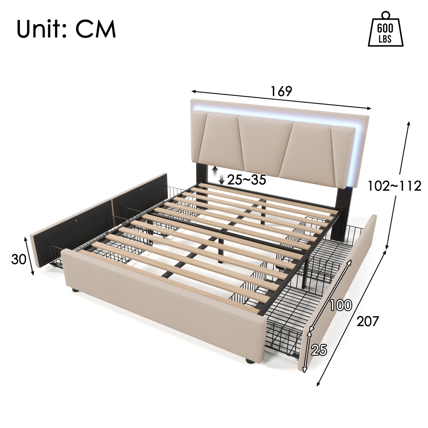 808182AAB Upholstered Bed With LED Lighting And 4 Drawers,Height-adjustable Headboard,Double Bed 160x200cm Storage Beds Bed Frame, Wooden Slatted Frame, Beige  Without Mattress