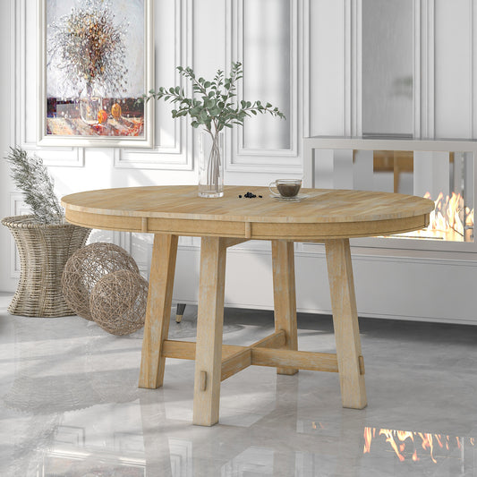 TREXM Farmhouse Round Extendable Dining Table With 16 Leaf Wood Kitchen Table  Natural Wood Wash
