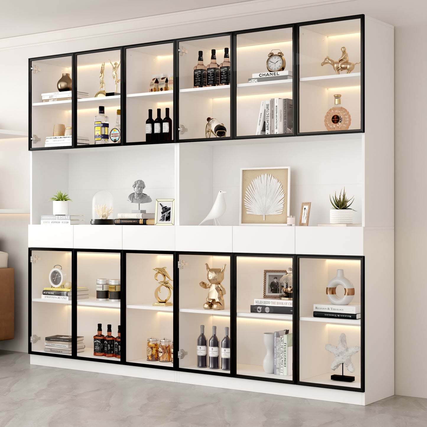 Glass Cabinet Door 200cm Tall White Display Cabinet With LED Lights, Multi Storage Bookcase For Collection Bedroom Living Room Office, White - Black Door Frame