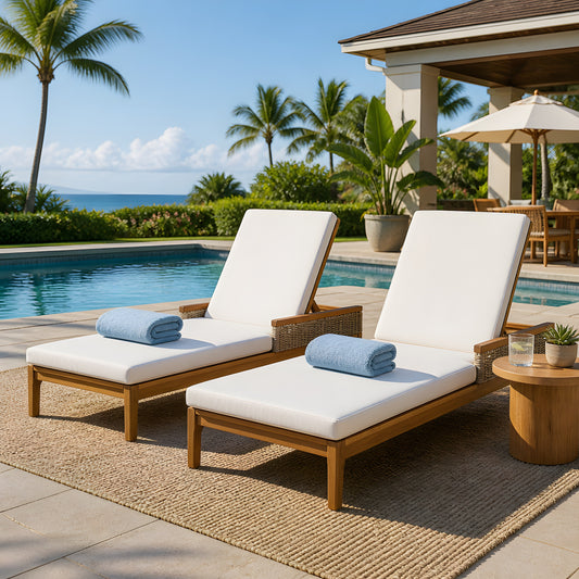 76.8  Solid Acacia Wood Sun Chaise Lounger Set Of 2, Outdoor Patio Furniture With Beige Cushions And Light Grey Wicker For Garden, Deck, Poolside Relaxation,Natural  Beige Cushion