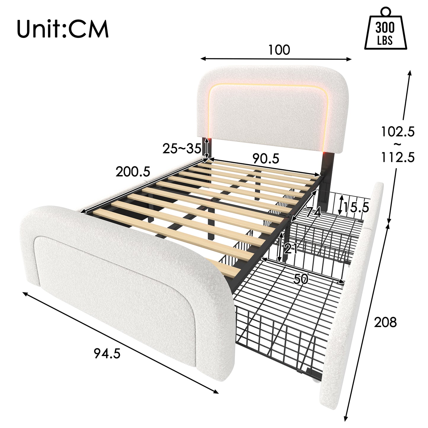 Bed Frame With USB Type-C Charging Function, LED Lighting And 2 Drawers, Single Bed, Upholstered Bed 90x200cm, Height-adjustable Headboard, Wooden Slatted Base, Sherp-White Without Mattress