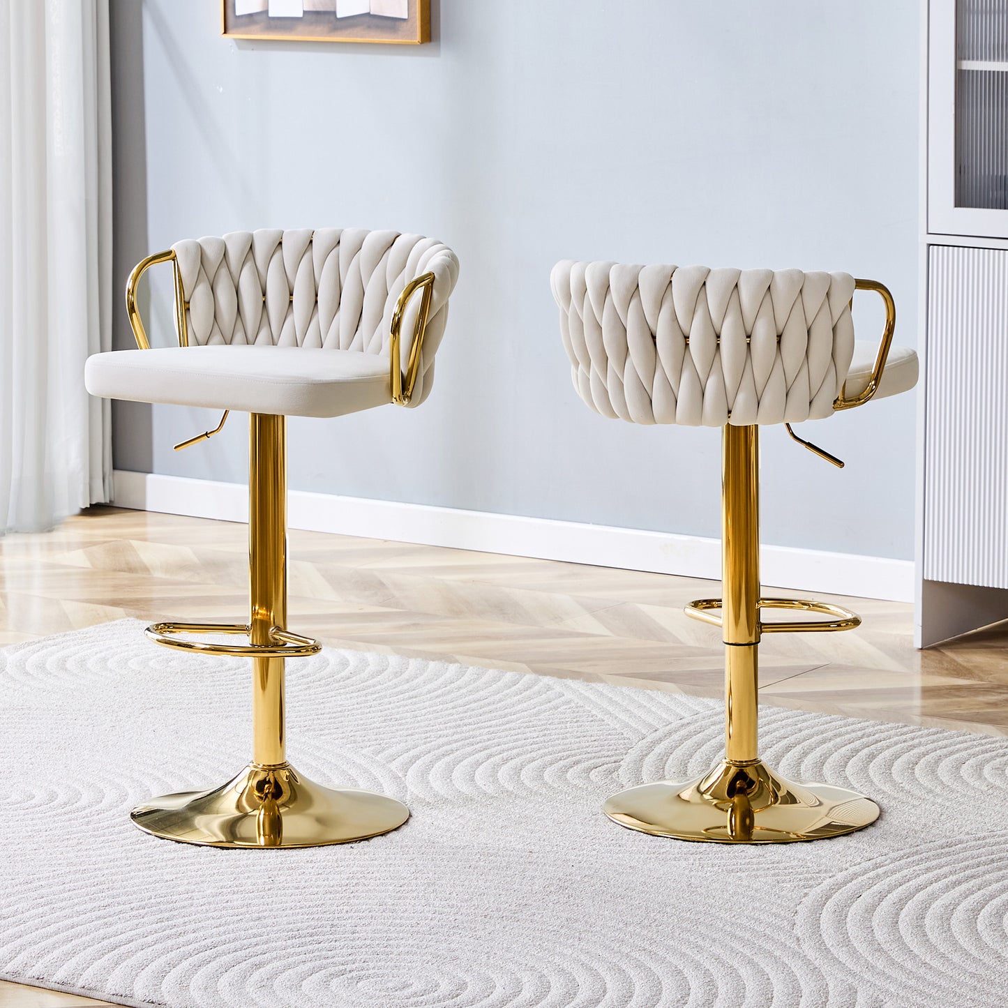 Set Of 2 Modern Luxury Velvet Braided Bar Stool With Adjustable Height, Gold Metal Base & Woven Rope Backrest, Upholstered Swivel Bar Chair For Kitchen Island Or Home Bar-Beige
