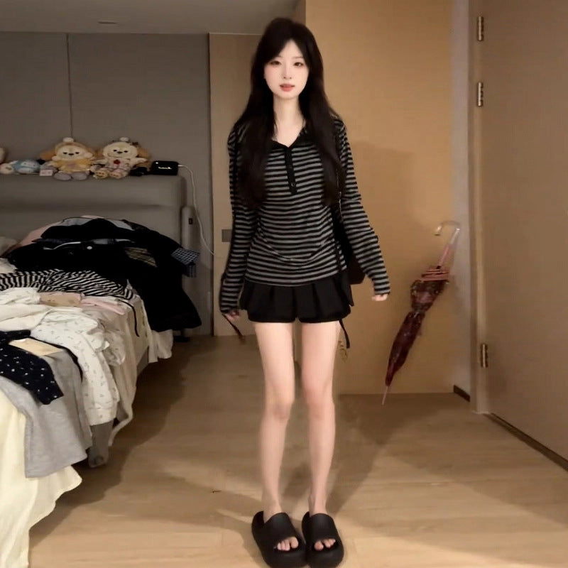 Korean-style Premium Striped Hooded Long Sleeve