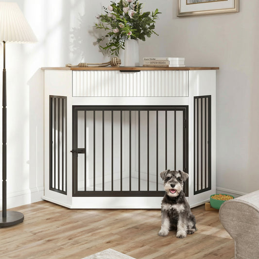 44.6 Corner MDF Dog Crate Furniture For Small Medium Dogs, Decorative Dog Kennel End Table With Fluted Drawer Storage, Modern Space-Saving Dog Cage Cabinet For Home Decor Indoor White