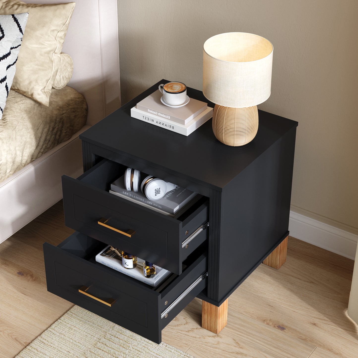 2 Drawer Nightstand, Premium Wood Storage With Elegant Fluted Design, Solid Wood Legs Nightstand With Metal Handle, Tall Bedside Table For Bedroom Living Room, Black
