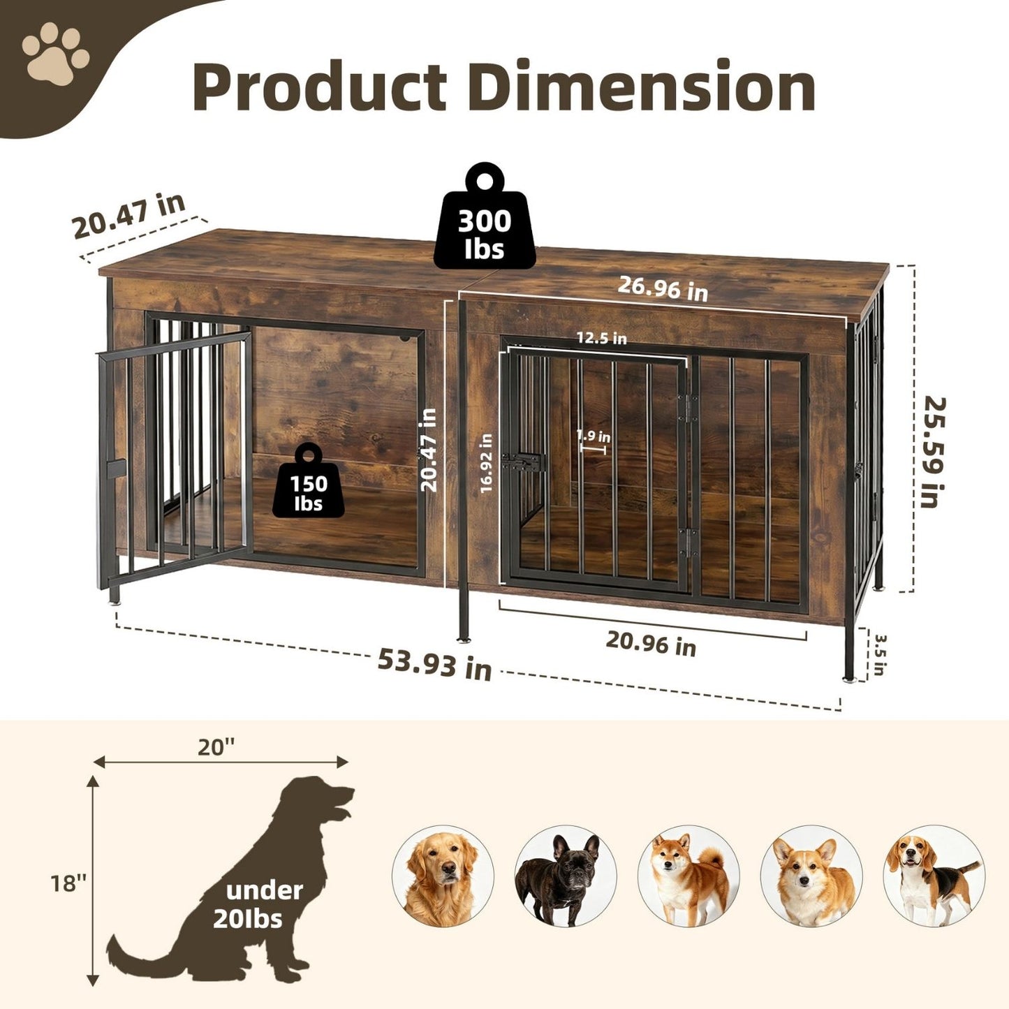 Double Dog Crate Furniture With Divider, Heavy Duty Pet Kennel End Table TV Stand, Extra Large Double Door