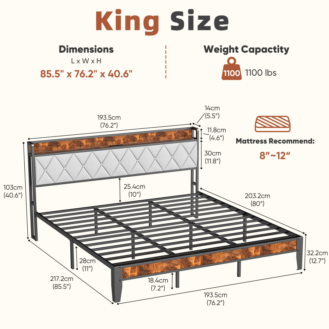 Soft-padded Headboard With Storage, Charging Port, Iron Frame Bed
