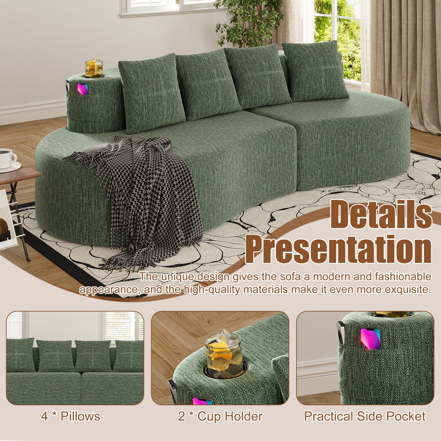 Modern Curved Sectional 3 Seat Minimalist Elegant Half Moon Sofa Compressed Modular Sectional Sofa For Living Room, Office, Apartment