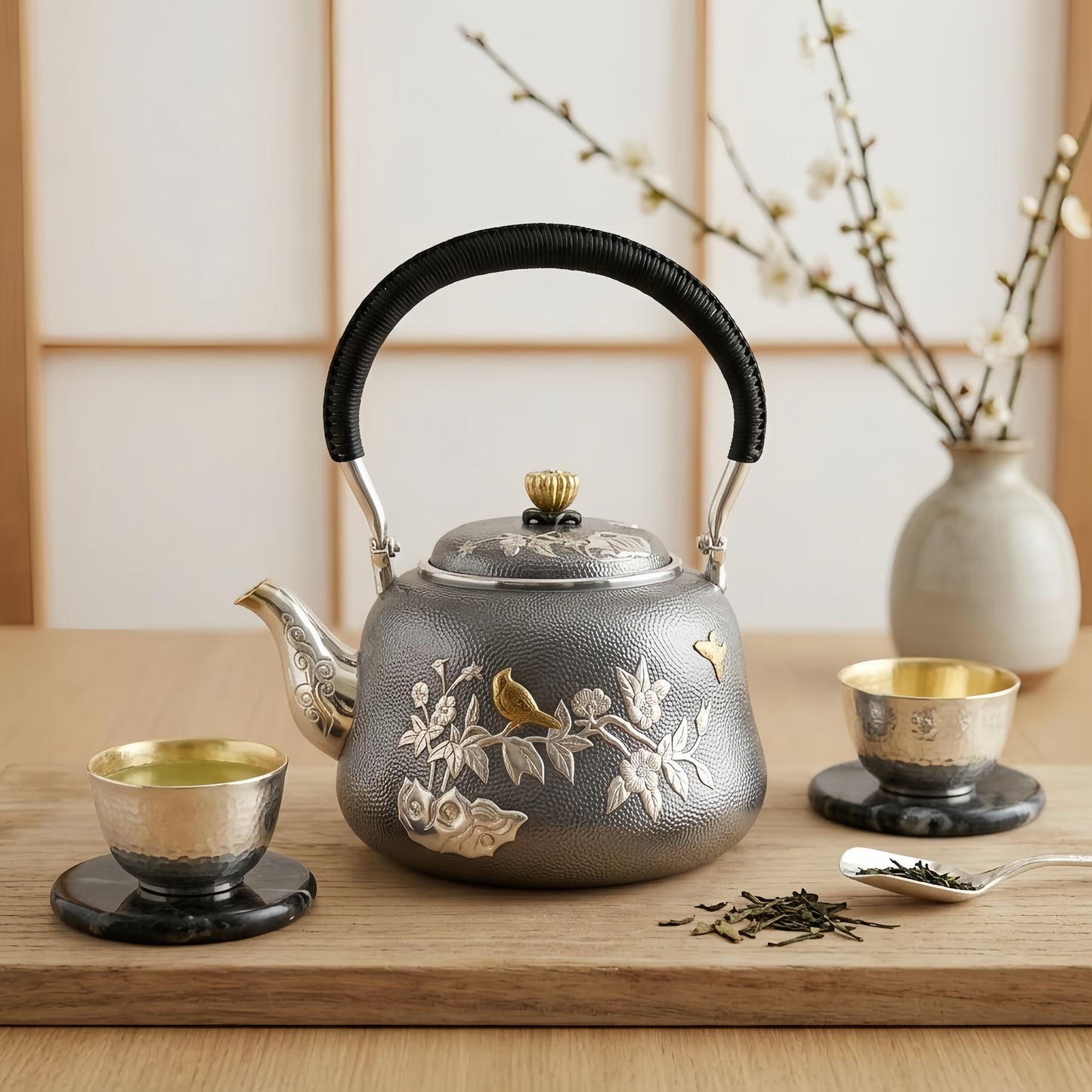925 Sterling Silver Elegant Hammered Silver Tea Kettle Featuring Gilded Bird and Floral Motifs - Handicraft