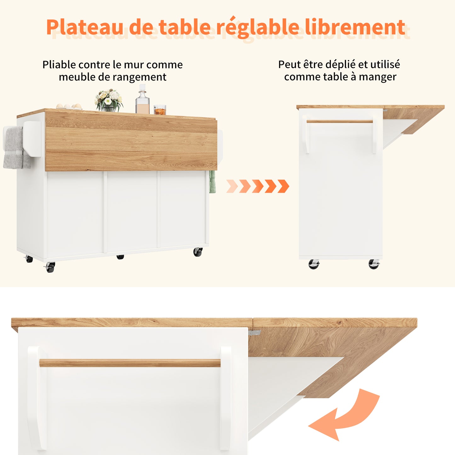 Modern Kitchen Island, Kitchen Cabinet, Buffet Cabinet, Wooden Grain Dining Cart, Buffet Cabinet, Multifunctional Dining Table With Storage Space, Dining Cart With Snack Shelves, White