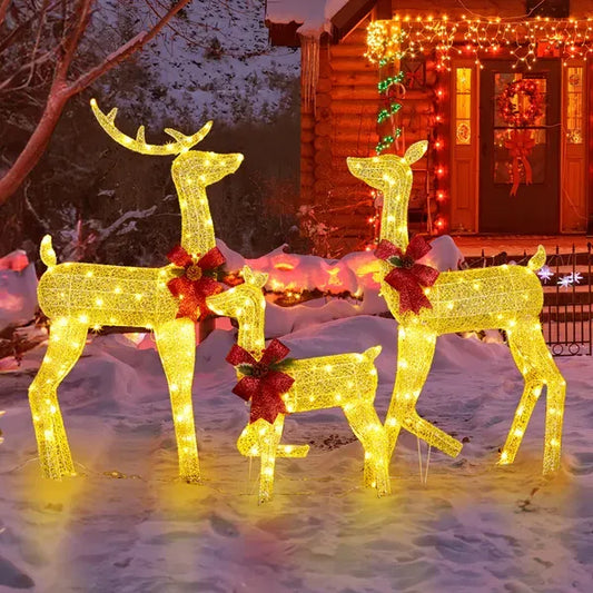 3-Piece Lighted Christmas Reindeer Family Set Outdoor Decorations, Weather Proof 2D Deer Family Set Of 3 Christmas Ornament Home Decor Pre-lit 200 LED Warm White Lights With Stakes, Golden