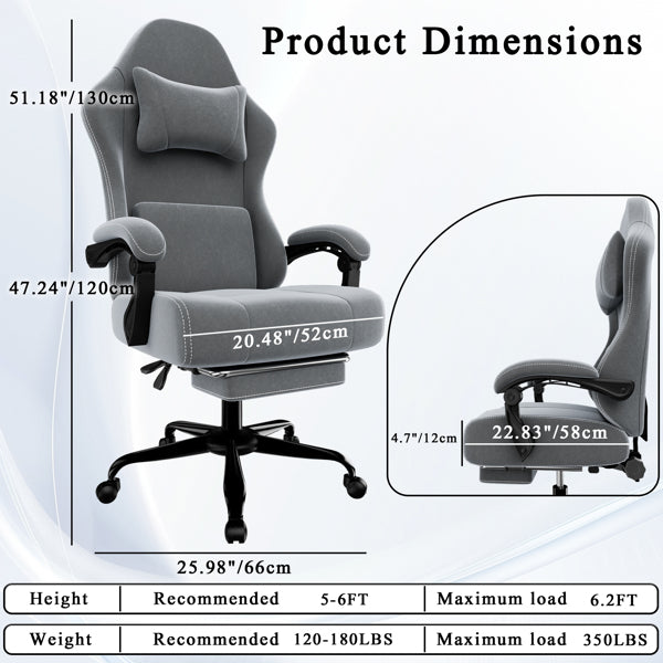 Ergonomic Gaming Chair, Video Game Chair With Massage Lumbar Support And Footrest, Height Adjustable Fabric Computer Chair With Pocket Spring Cushion, Gray