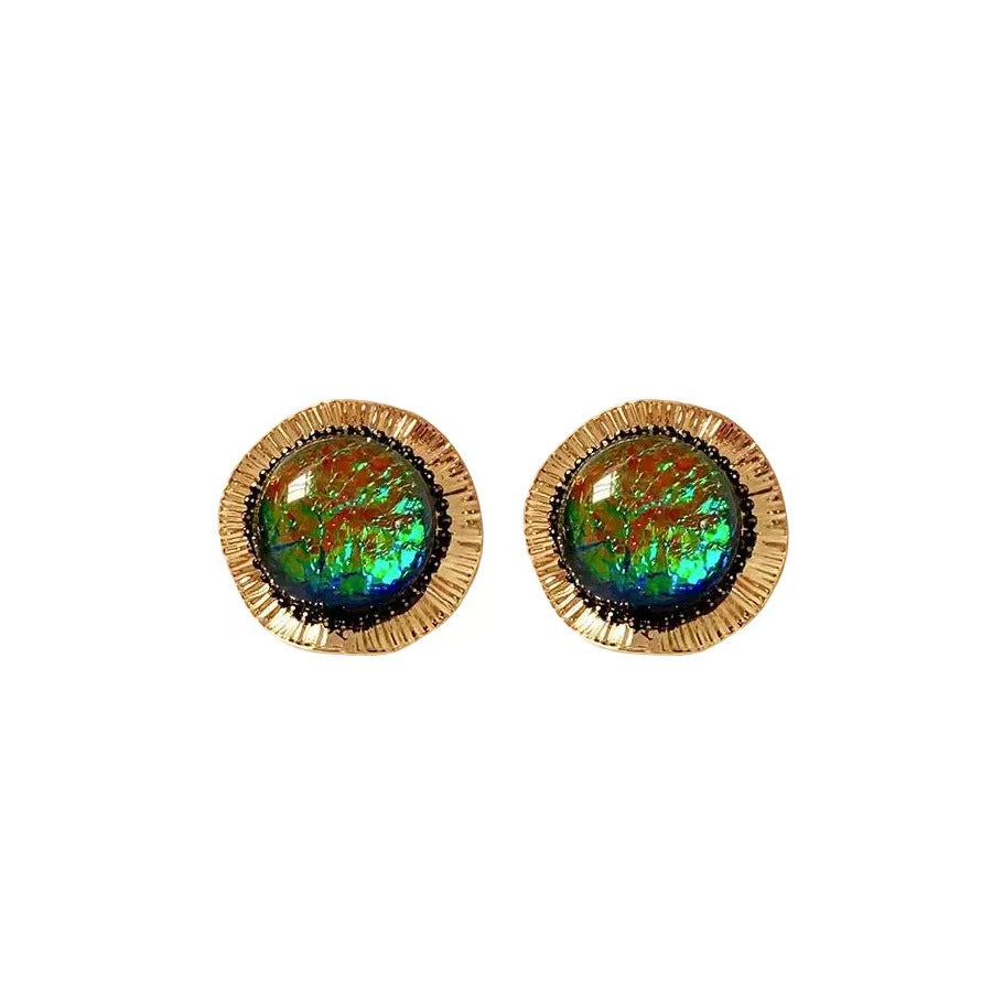 Vintage Fashion Round Resin Stud Earrings - Light Luxury Palace Style, S925 Silver Needle, Premium Niche Jewelry For Women