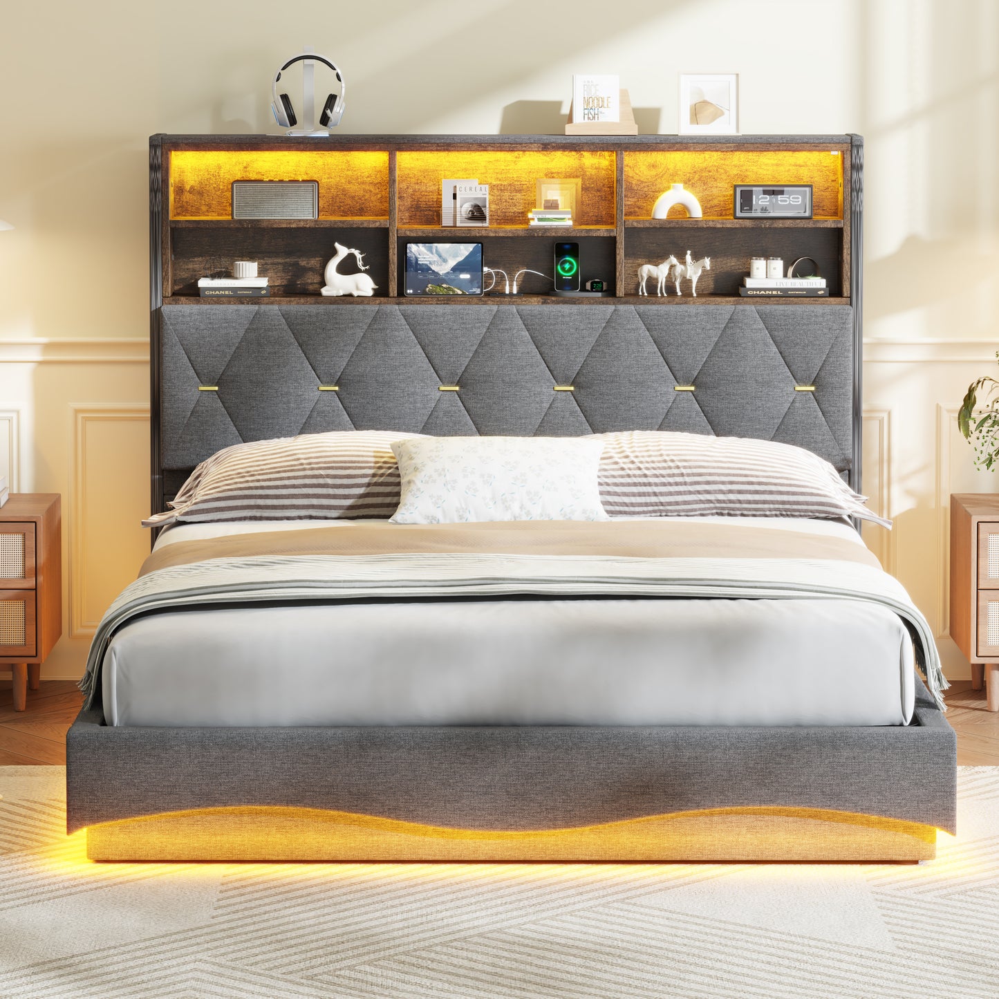 5ft King Upholstered Bed Frame With Hydraulic Storage, Wavy LED Heightened Headboard With Charging Station, USB And Type - C Ports, Linen, No Box Spring Needed, Grey  No Mattress