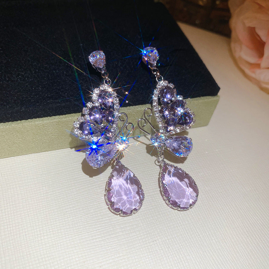 Korean Luxury Purple Earrings For Women Crystal Flower Rhinestone Studs Versatile