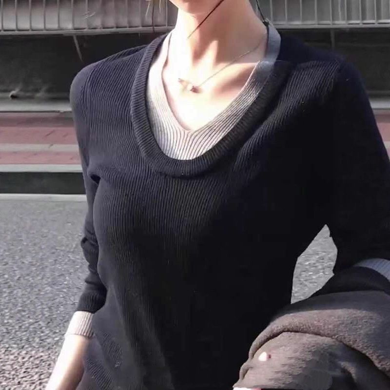 Korean Style Fake Two-piece V-neck Knitted Bottoming Shirt