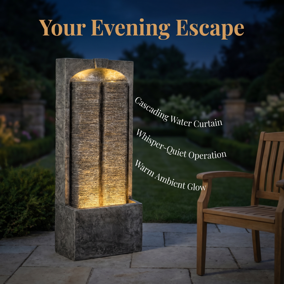 Outdoor Water Fountain Cascading LED Lights 39inch H, Resin Fiberglass With Quiet Pump, Freestanding Water Feature For Garden Patio Porch Lawn Indoor Outdoor Decor