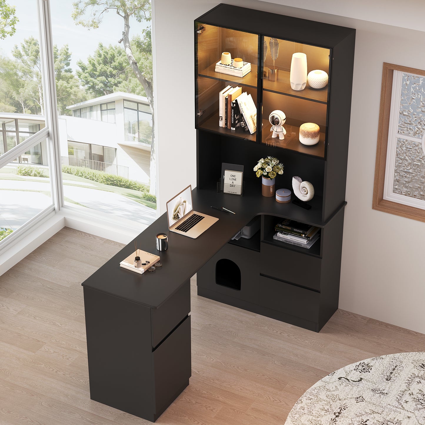 Corner Desk With Shelf And LED Display Cabinet 120x80x180 Cm- Desk With Cable Outlet, 3 Drawers, 2 Doors, Open Compartments ,A Corner Desk With Built-in Bookcase