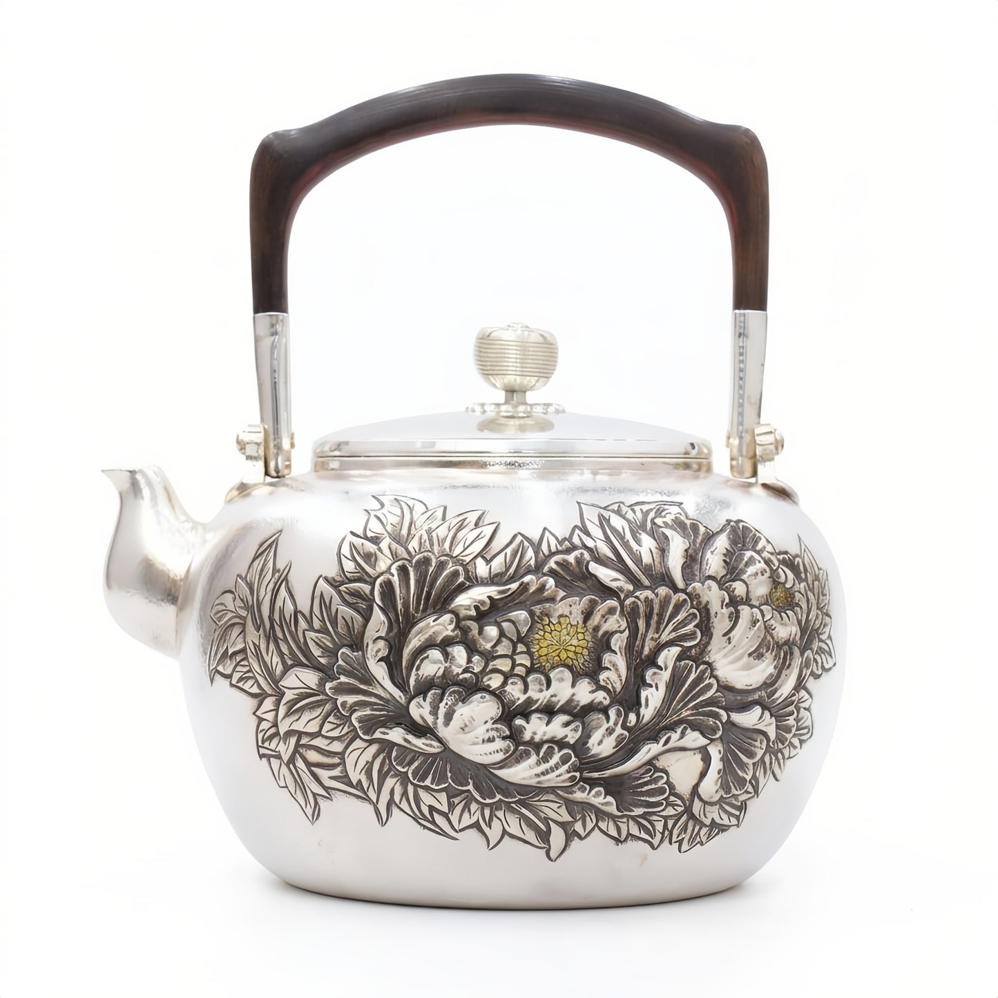 Pure 999 Fine Silver Handcrafted Silver Floral Tea Kettle with Sandalwood Handle and Ornate Peony Engraving - Handicraft