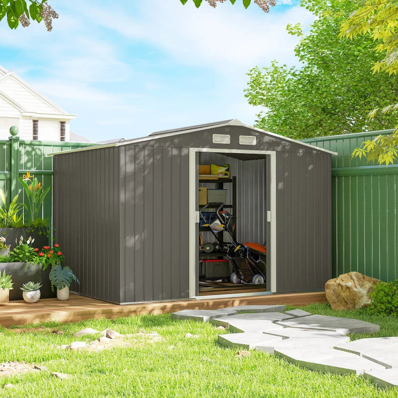 9' X 6' Outdoor Storage Shed, Garden Tool Metal Shed With Foundation Kit, Light Gray