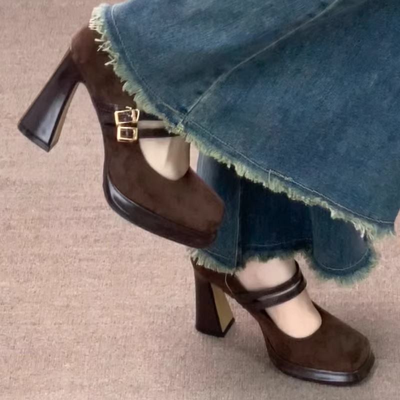 Women Vintage British Matte Suede Platform, Square Toe Double Gold Metal Buckle Ankle Strap Chunky Trapezoid Block High Heel Office Dress Shoes