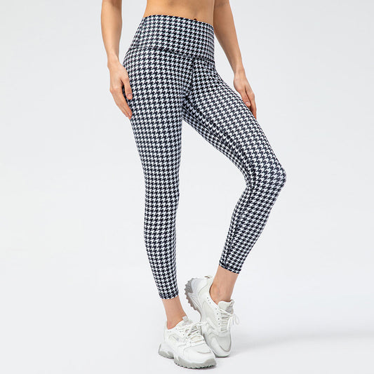 Women's Houndstooth Yoga Trousers Nude Feel High Waist Peach Hip Tight Running Exercise Pants Plaid Elements