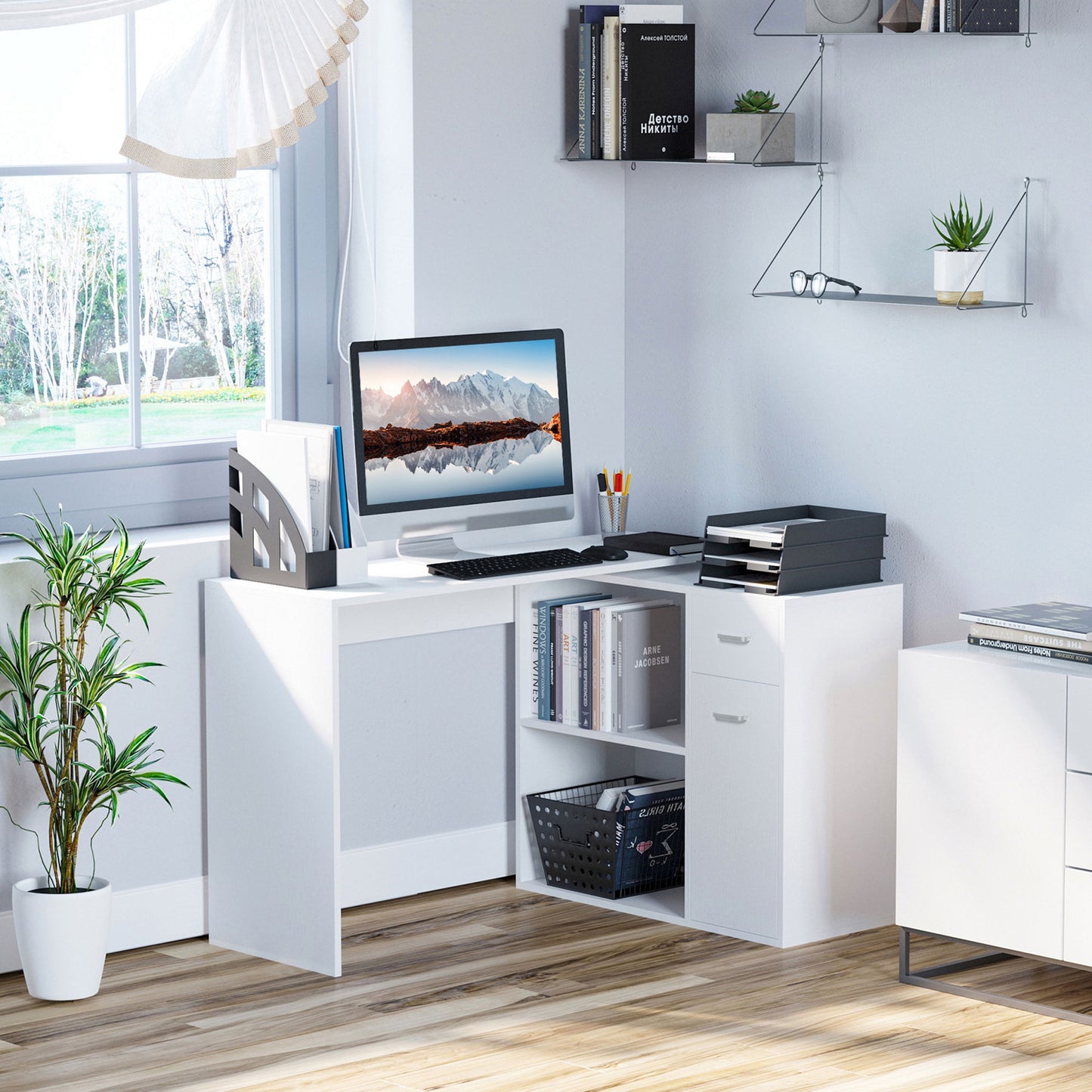 L-Shaped Desk, Corner Computer Desk, Adjustable Study Table With Storage Shelf, Drawer And Cabinet, Workstation For Home Office, White Wood Grain