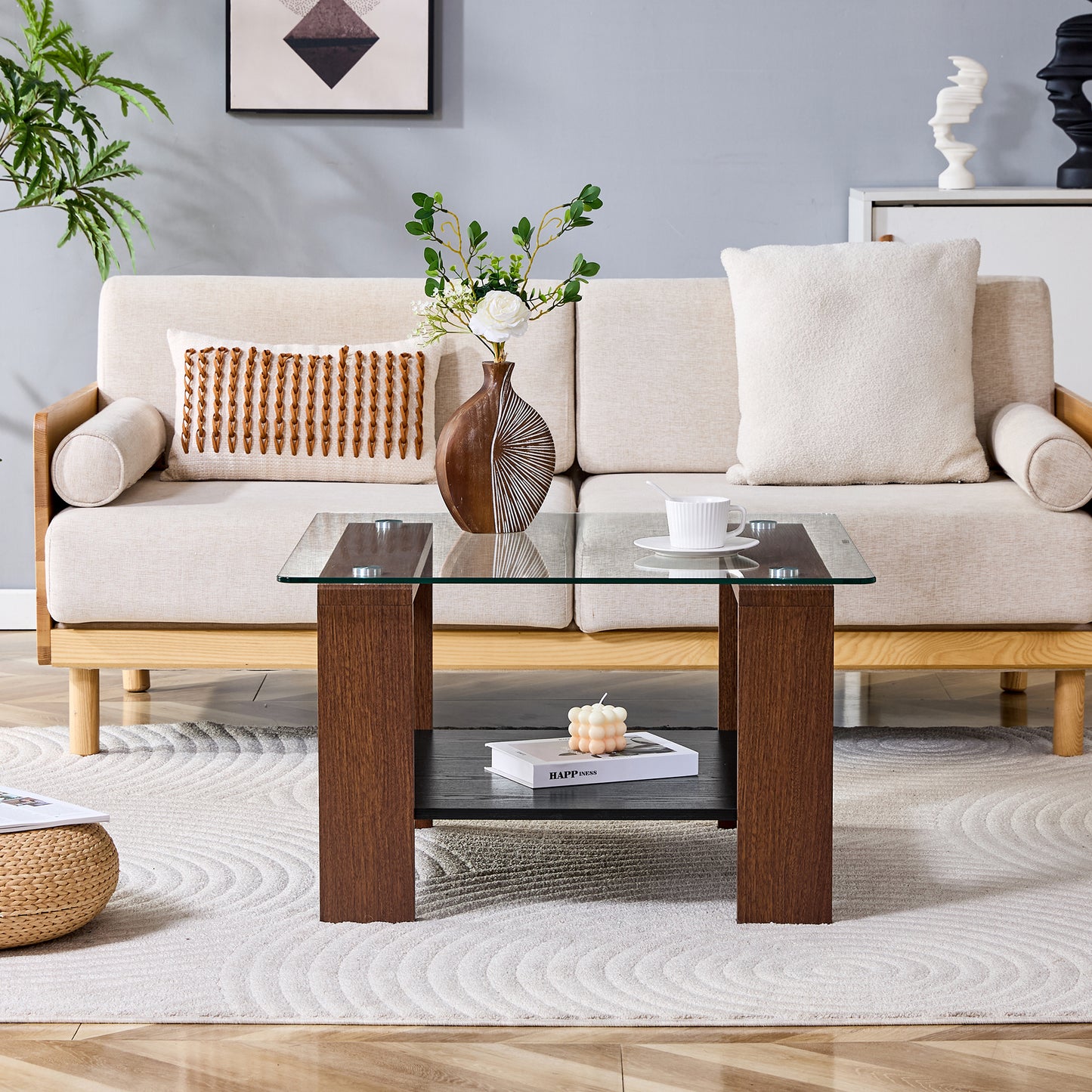 Modern Coffee Table With Storage, Tempered Glass Top And Walnut Wood Legs, 65x41x45.5cm, Contemporary Living Room Table For Home Office, Apartment And Small Rooms