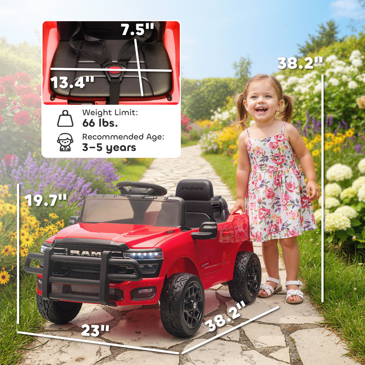 12V Kids Ride On Car, Licensed Dodge RAM 3500 Ride On Toys With Dual Motors, Remote Control For Toddlers, Red